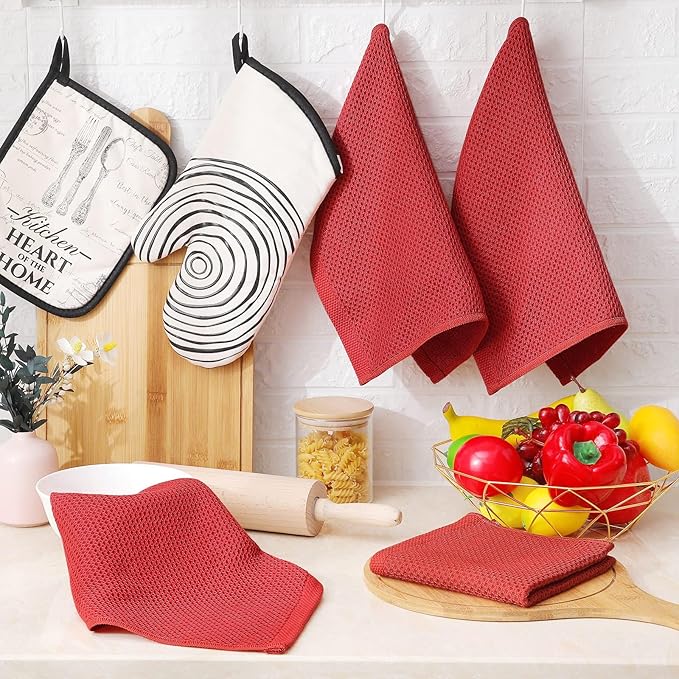 Homaxy 100% Cotton Waffle Weave Kitchen Dish Cloths, 7-Pack Ultra Soft Absorbent Dish Towels, Quick Drying Dish Rags, 12 x 12 Inches, Brick Red