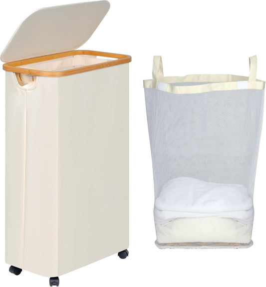 efluky Slim Laundry Basket with Wheels, Narrow Rolling Laundry Hamper with Lid and Removable Bag, Aesthetic Dirty Clothes Hamper on Wheels for Laundry Room, Bedroom, Dorm and Bathroom, 75L Beige