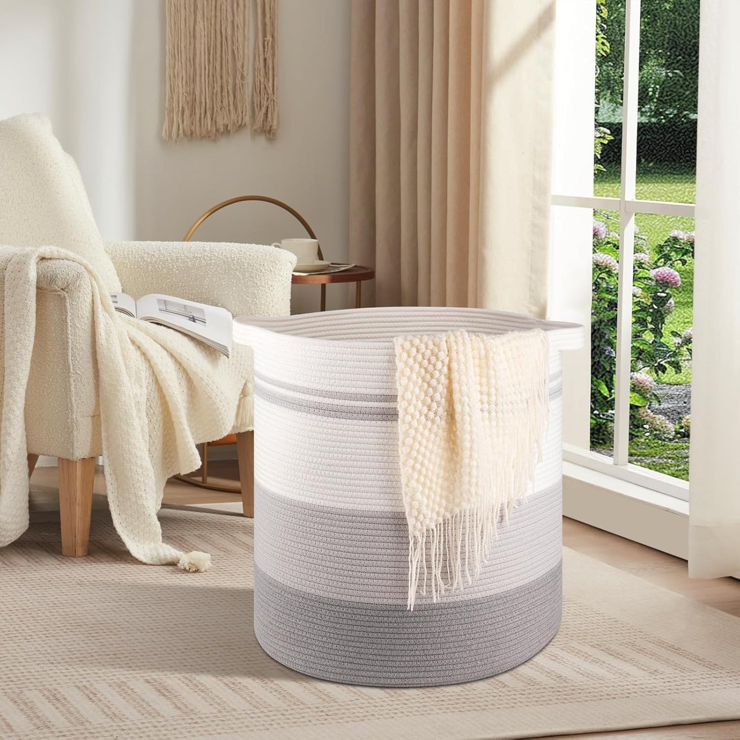 OIAHOMY 100L Laundry Hamper - Storage Basket with Handles, Decorative Woven Basket for Living Room, Toys Bin, Pillows, Blankets, Clothes - 19x21in - Gradient Gray