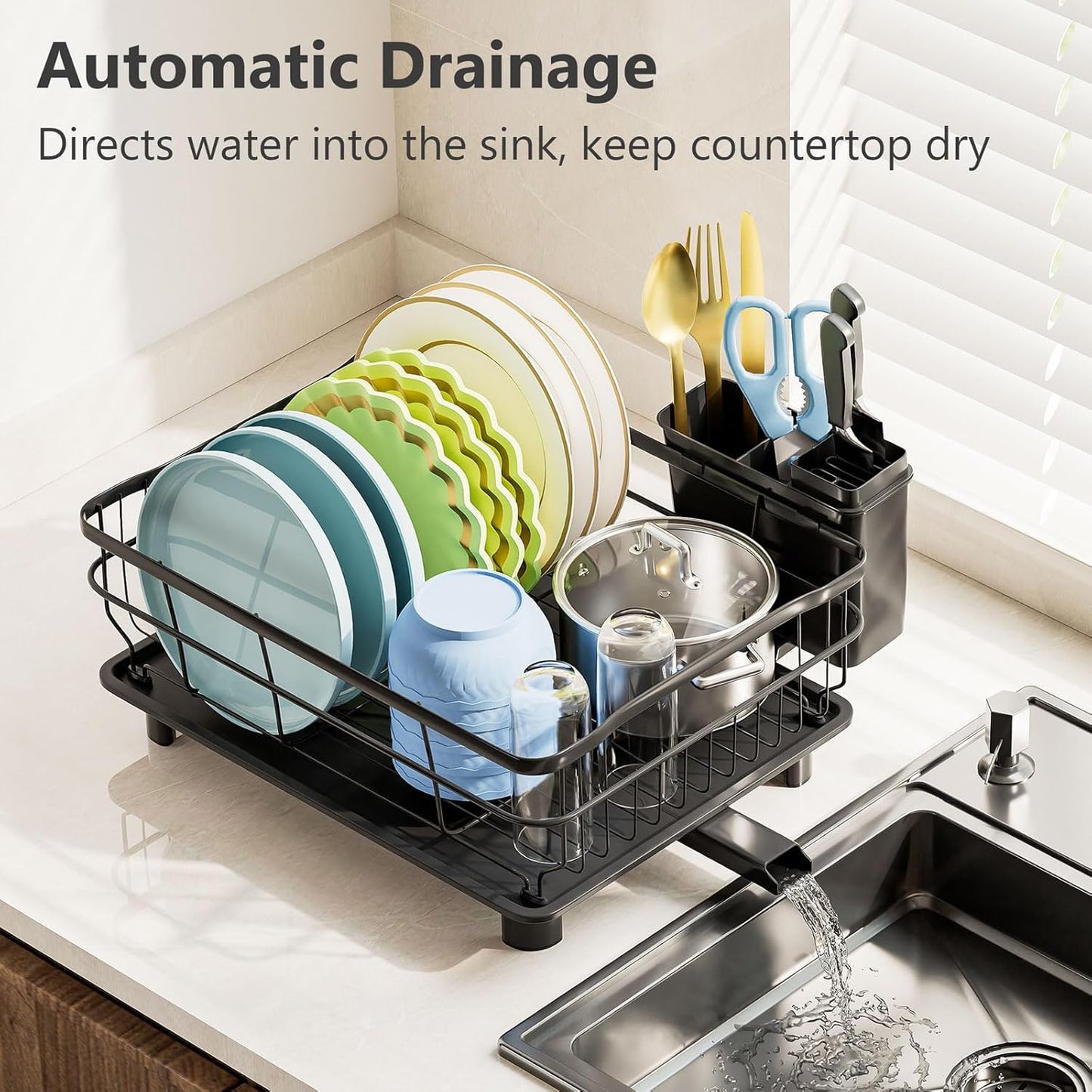 Iron Dish Drying Rack Auto Drain Dish Drainers Kitchen Counter Strainer with Draining Tray, All Black