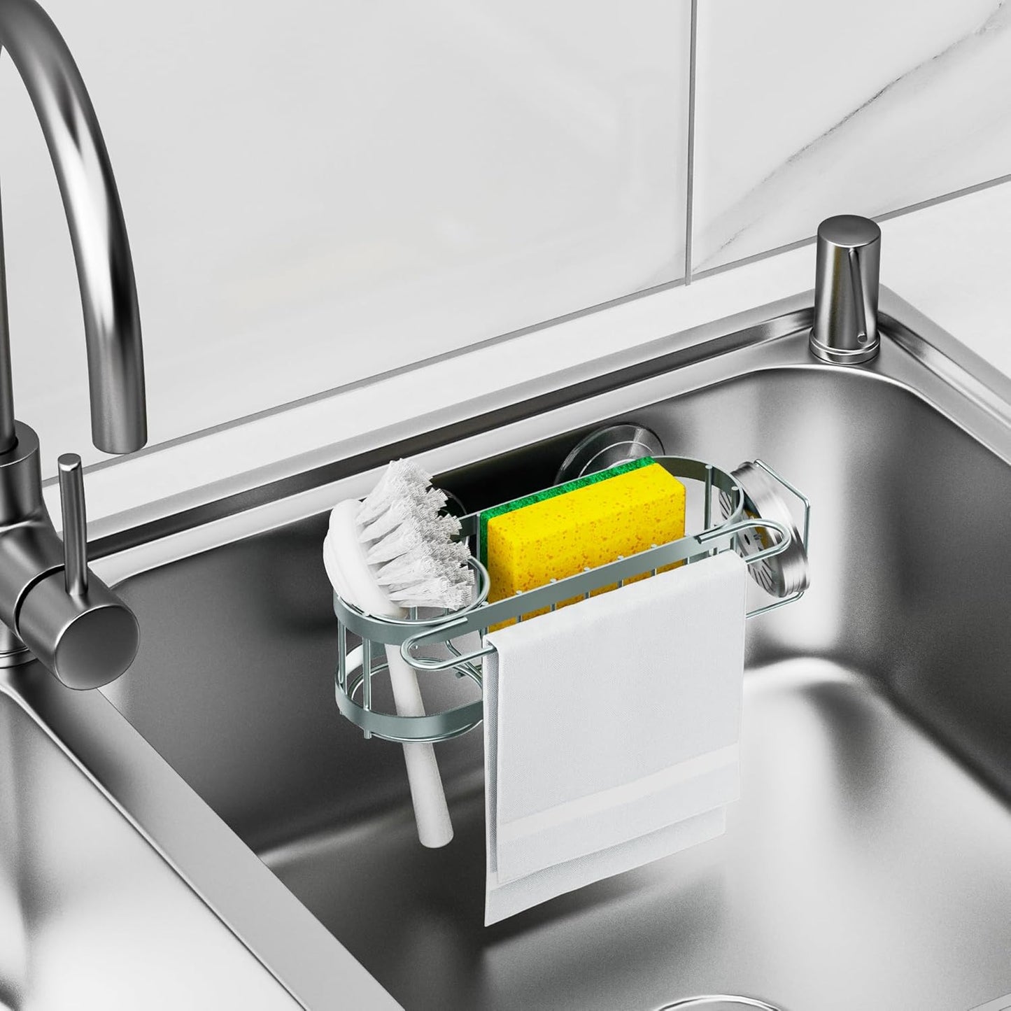 Cisily Sage Green Kitchen Sink Caddy Sponge Holder in the Sink, Stainless Steel Kitchen Organizer, Brush Holder, Dish Cloth Hanger 2 Installation Ways (Suction & Adhesives
