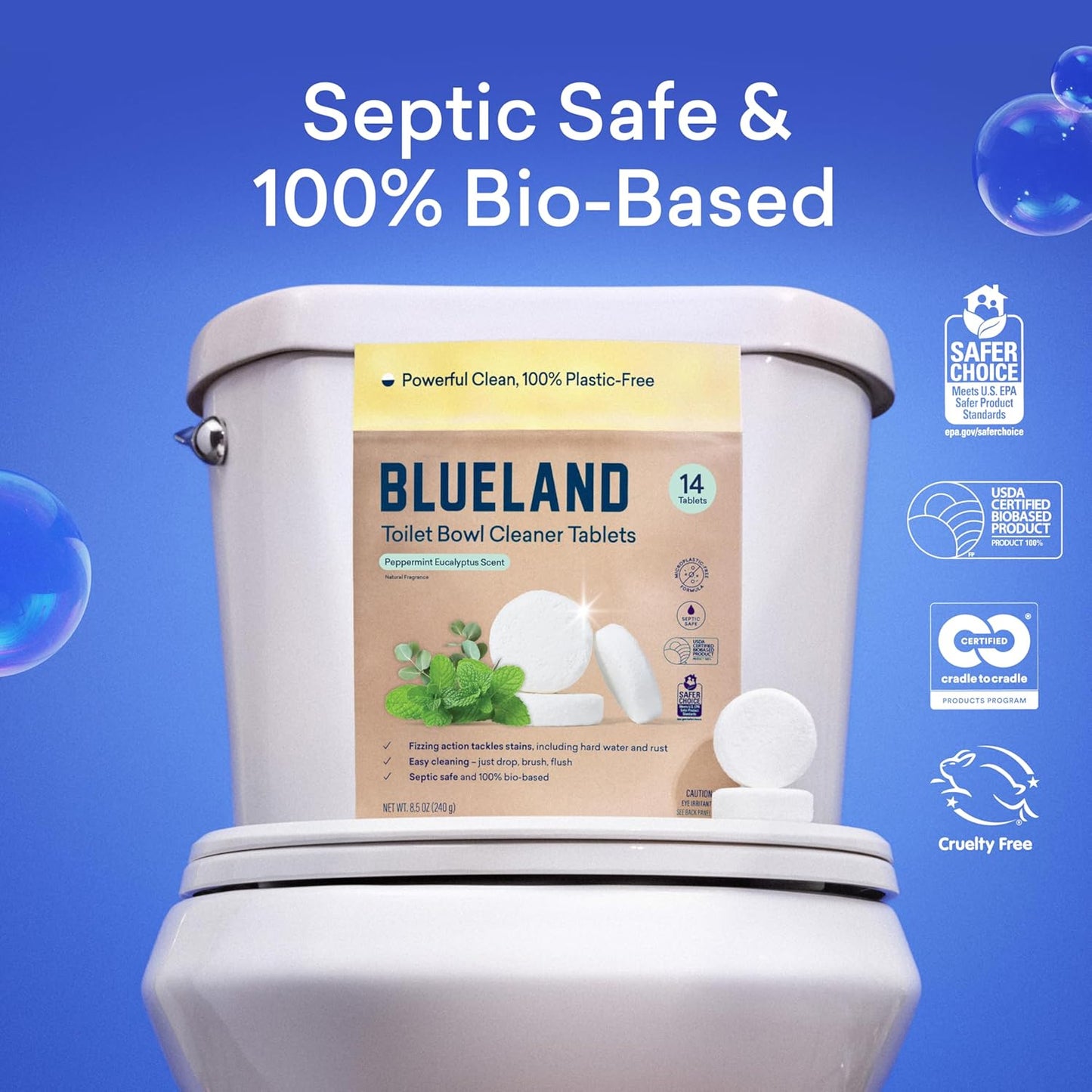 BLUELAND Toilet Bowl Cleaner Tablets, 2-Pack, 28 Count, Peppermint Eucalyptus, Plastic-Free, No Harsh Chemicals, Plant-Based