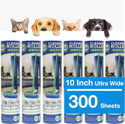 Leo 10-Inch Wide Lint Roller Refills, 6 Rolls with 50 Sheets Each (300 Sheets Total), Extra Sticky for Pet Hair, Carpet & Floor Cleaning