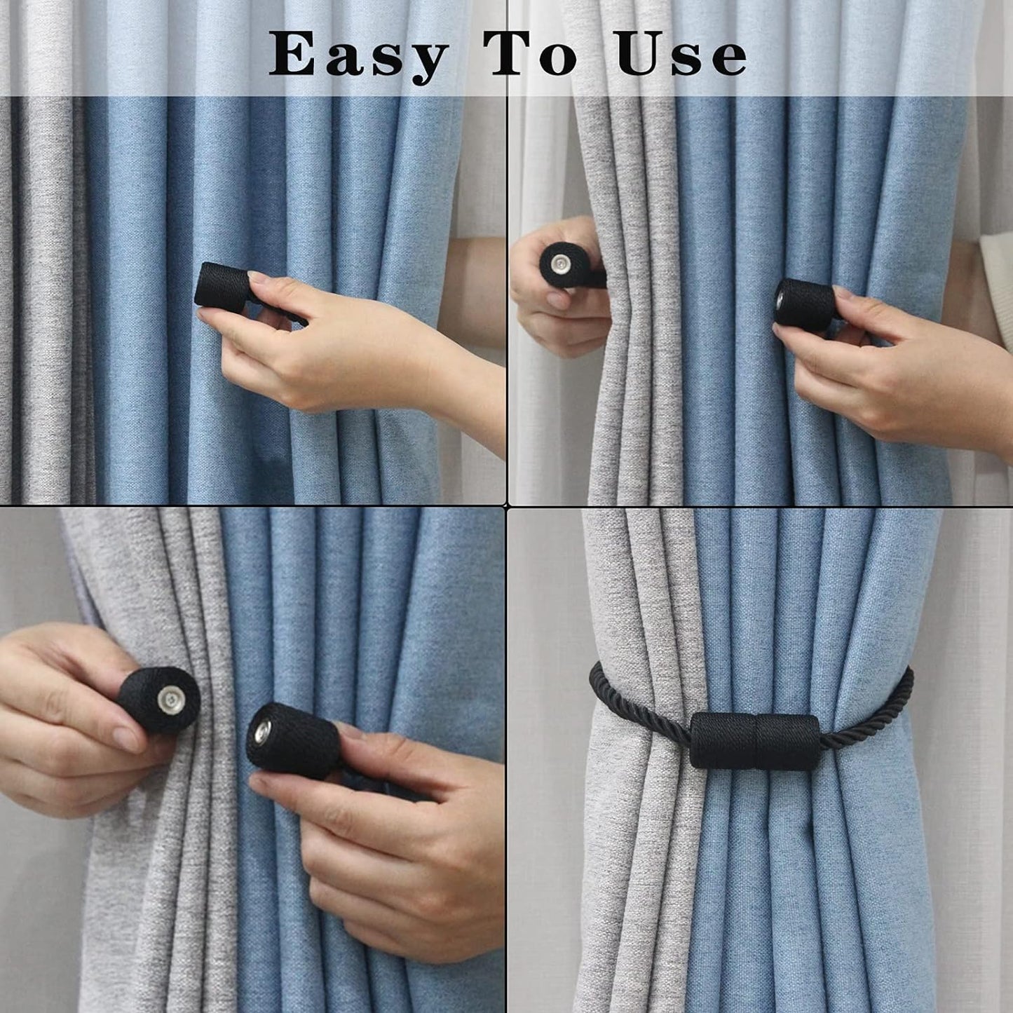 4 Pack Strong Magnetic Curtain Tiebacks Outdoor Elegant Decorative Tie Backs Modern Rope Tiebacks for Drapes Window Curtain Holdbacks for Draperies- Black