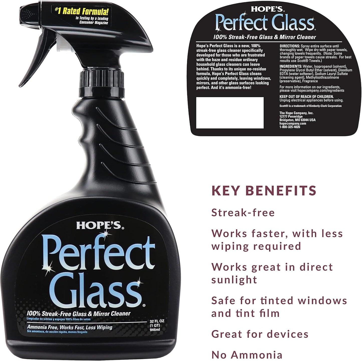 HOPE'S Perfect Glass Cleaner Spray, Streak-Free, Ammonia-Free Window, Mirror, Screen, Tinted Glass, and Shower Door Cleaner, Indoor and Outdoor Glass Surfaces, 32 Fl Oz, Pack of 12