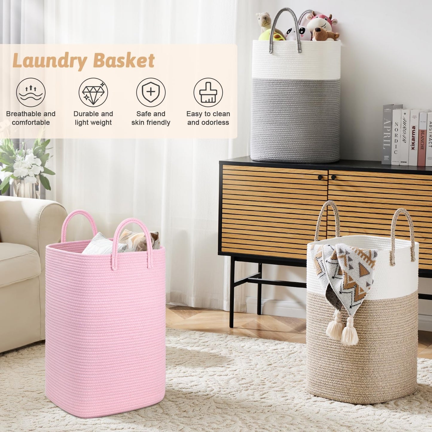 Laundry Basket,Woven Cotton Rope Laundry Hamper,40L Versatile Storage for Dirty Clothes,Baby Toys,and Blankets in Bathroom, Nursery,and Living Room