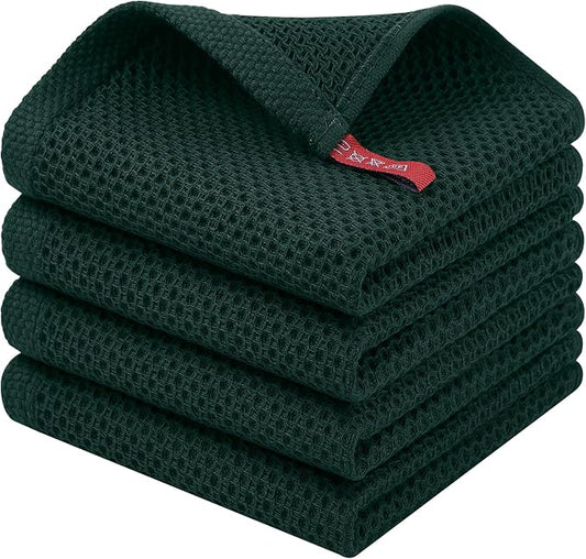 Homaxy 100% Cotton Waffle Weave Kitchen Dish Cloths, 4-Pack Ultra Soft Absorbent Dish Towels, Quick Drying Dish Rags, 12 x 12 Inches, Blackish Green