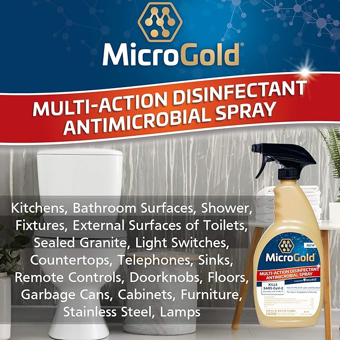 MicroGold Multi-Action Disinfectant Antimicrobial Spray Tested and Proven Effective to Kill the COVID-19 Virus, Kills 99.9% of Viruses and Bacteria, 24 Fluid Ounces, 3 Pack