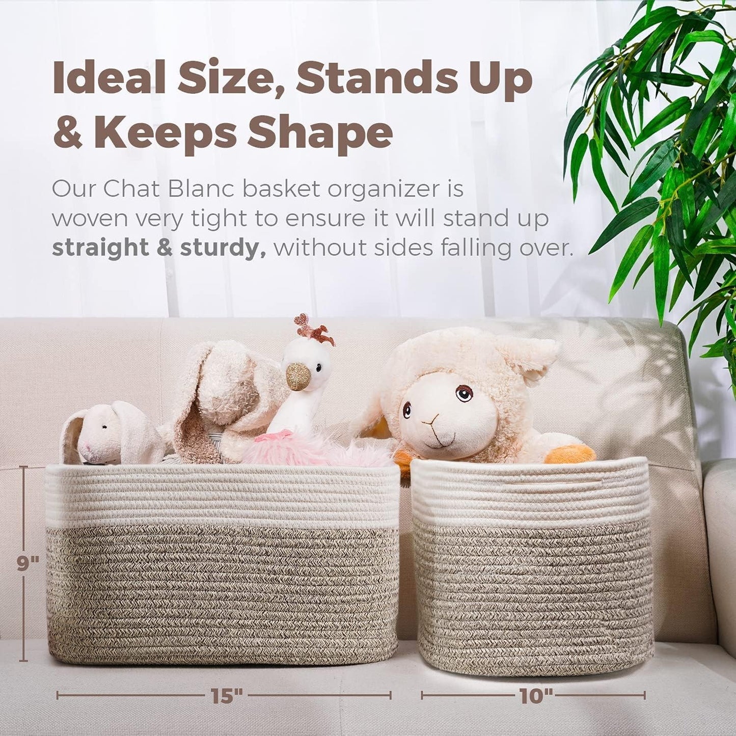 CHAT BLANC Cotton Rope Baskets for Organizing | 15”x10”x9” Storage Baskets for Shelves | Small Laundry Woven Baskets for Storage, Dog Toy Bin, Baby Basket,Off White&Brown 3 Pack