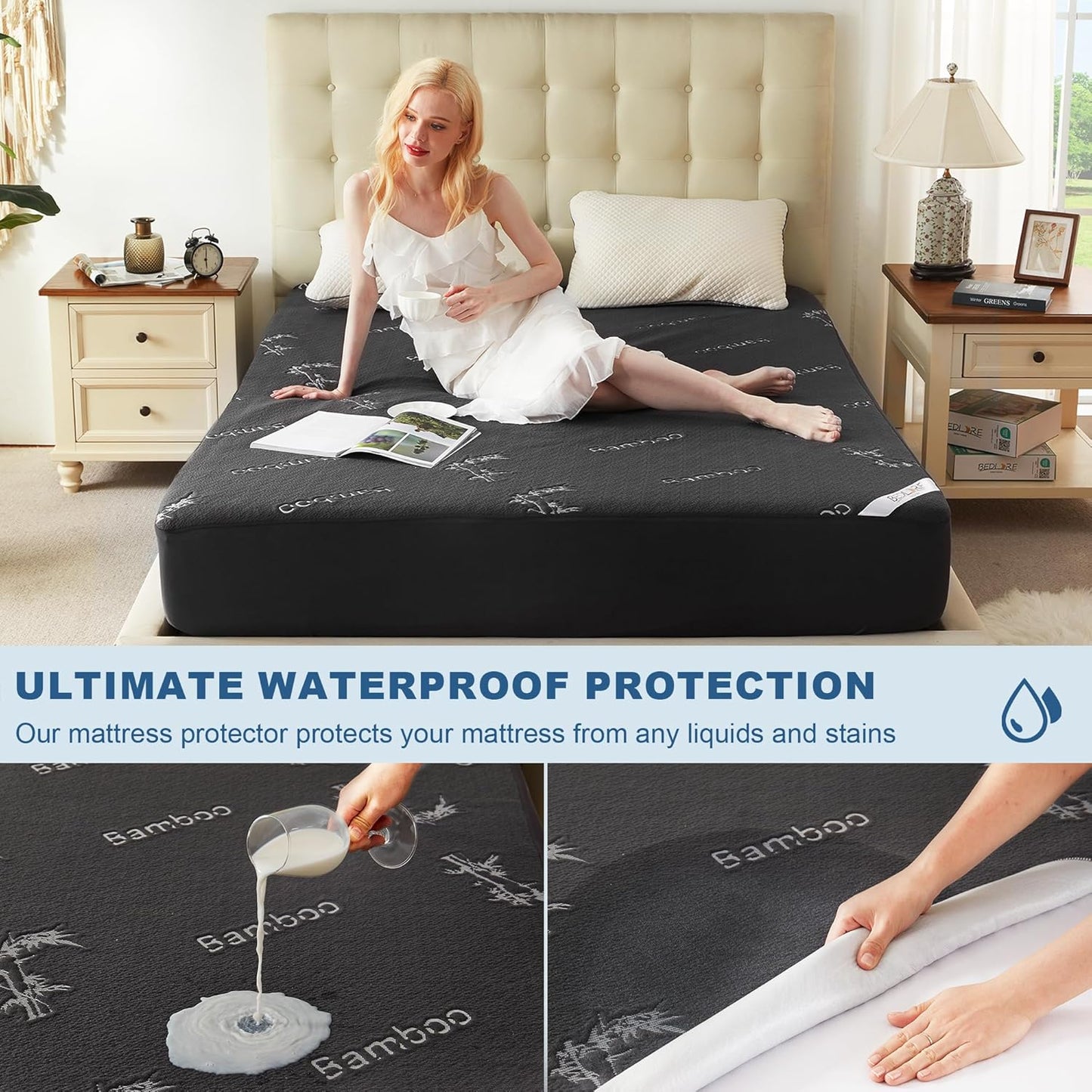BEDLORE Twin Size Mattress Protector Waterproof, Mattress Pad Fitted 6-15 Inch Deep Pocket, 3D Air Fabric Soft Double Bed Mattress Cover Noiseless Washable for Bedroom, Hotel, Gray