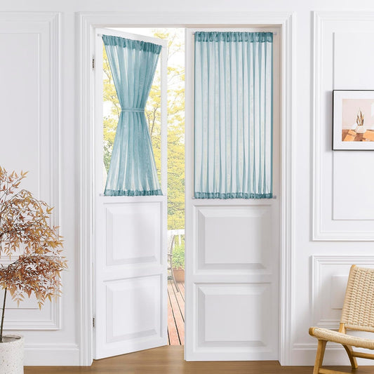 Tollpiz Short Sheer Door Curtain Closet Linen Textured Curtain Sheers Doorway Light Filtering Voile Patio Door Rod Pocket Curtains French Door, 54 x 54 inches Long, Dusty Blue, Set of 1 Panel