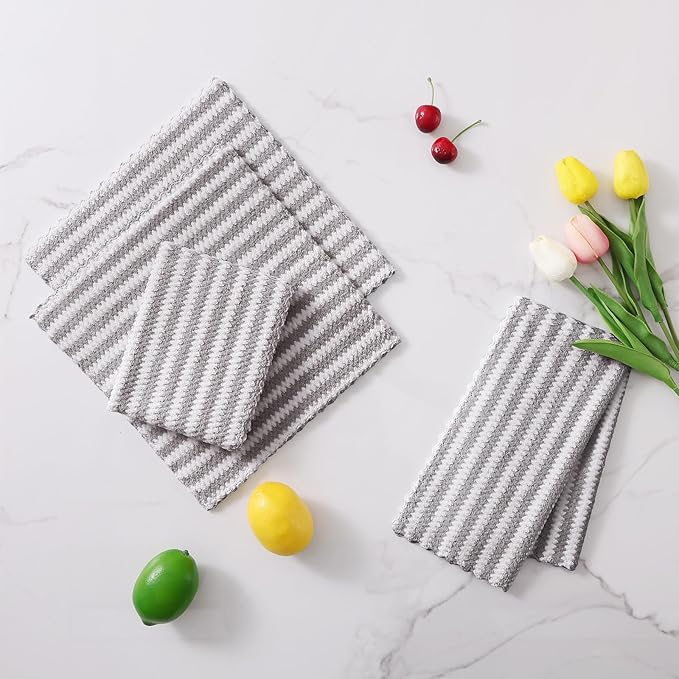 Homaxy 24 Pack Kitchen Dish Cloths, Ultra Soft and Absorbent Dish Towels, Reusable Fast Drying Microfiber Cleaning Cloth, Coral Velvet Wave Design No-lint, 10 x 10 inches, Grey