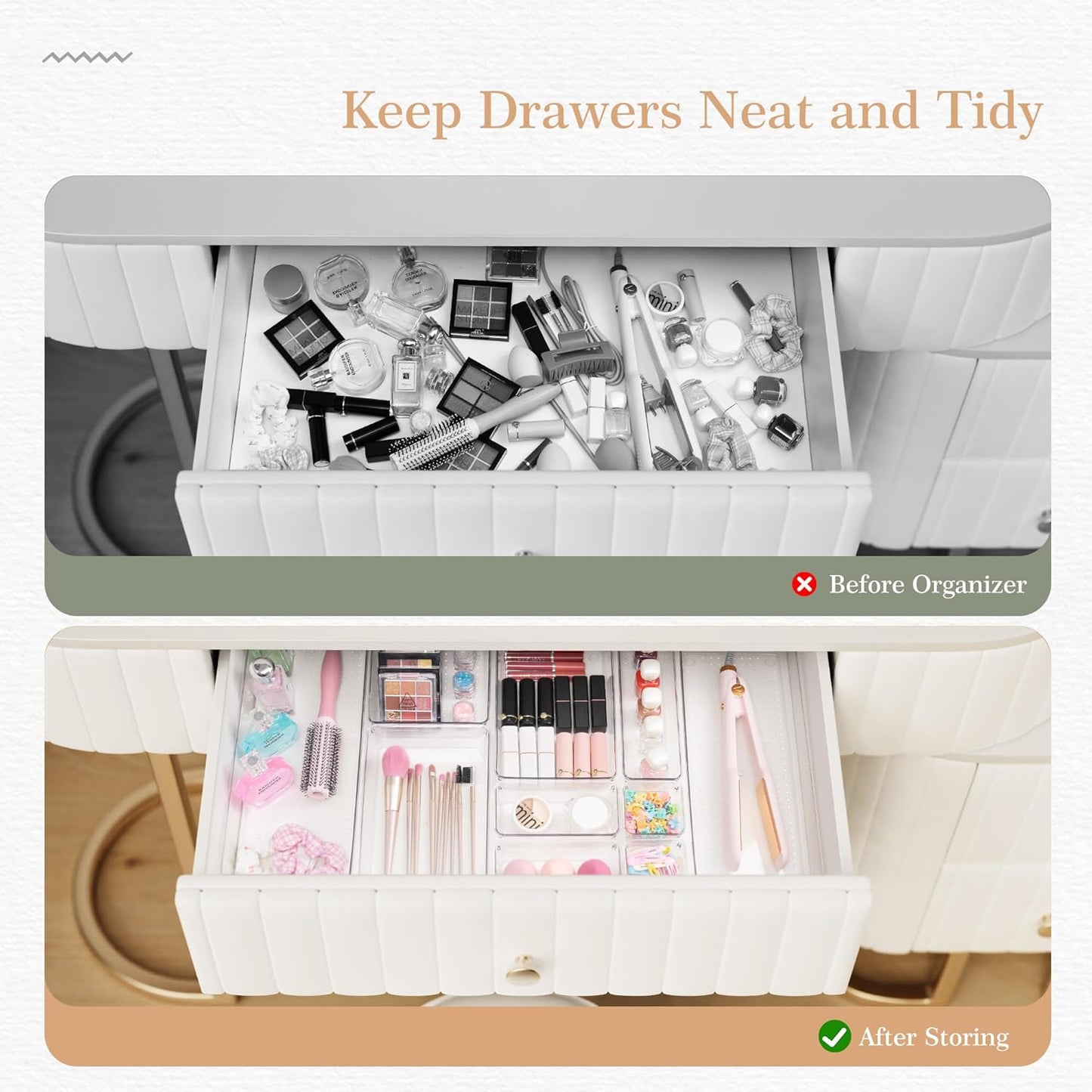 Criusia Drawer Organizer, 12 Pack Clear Plastic Kitchen Drawer Organizers Set,4-Size Versatile Bathroom and Vanity Organizer Trays,Storage Bins for Makeup, Bathroom, Jewelries and Office