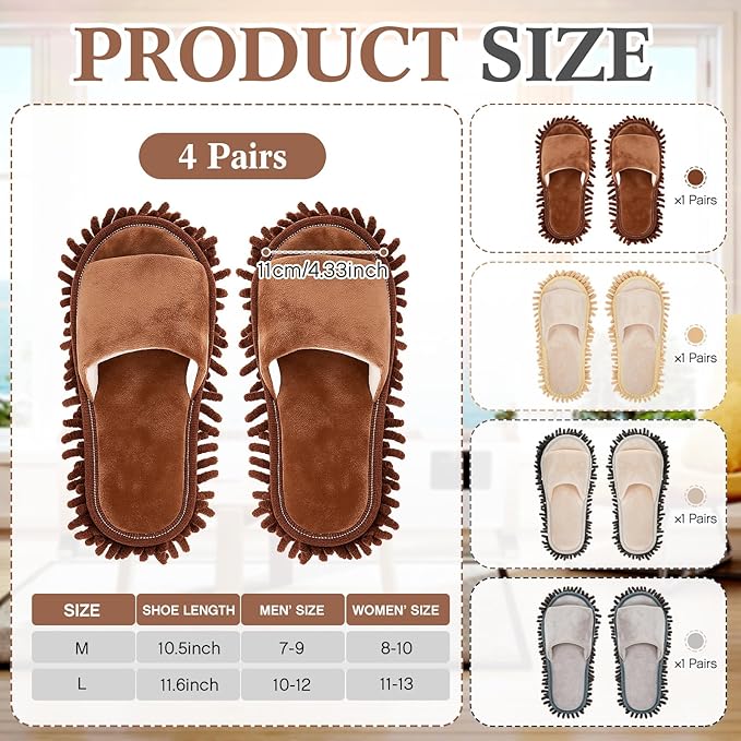 Jecery 4 Pair Washable Microfiber Mop Slippers Detachable Dusting Shoes for Floor Cleaning, Office & Home Use Suitable for Women & Men(Blue,Beige,Brown, White,M Size)