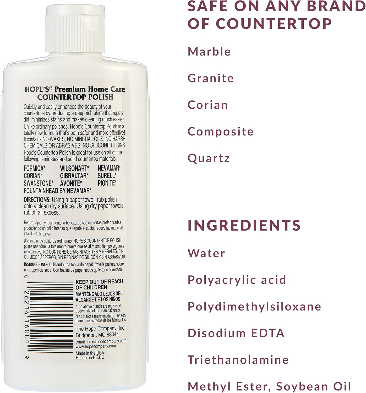 HOPE'S Countertop Restoration Polish, Streak-Free Kitchen Counter Cleaner, No Buildup on Countertops, Quartz, Marble, Corian, Composite, and Granite Polish, 8 Fl Oz, Pack of 3
