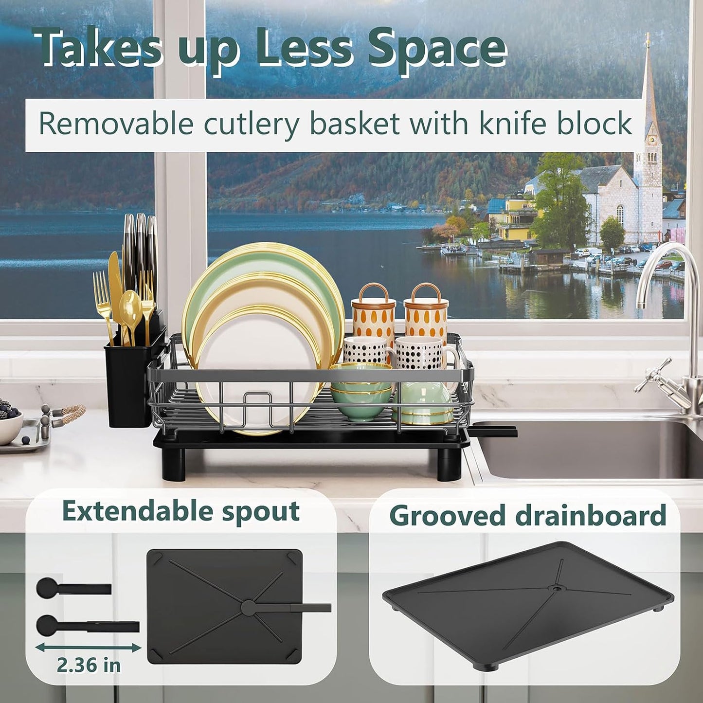 Iron Dish Drying Rack with Drainboard Dish Drainers for Kitchen Counter Extendable Spout Strainers with Utensil Holder and Knife Slots, Grey