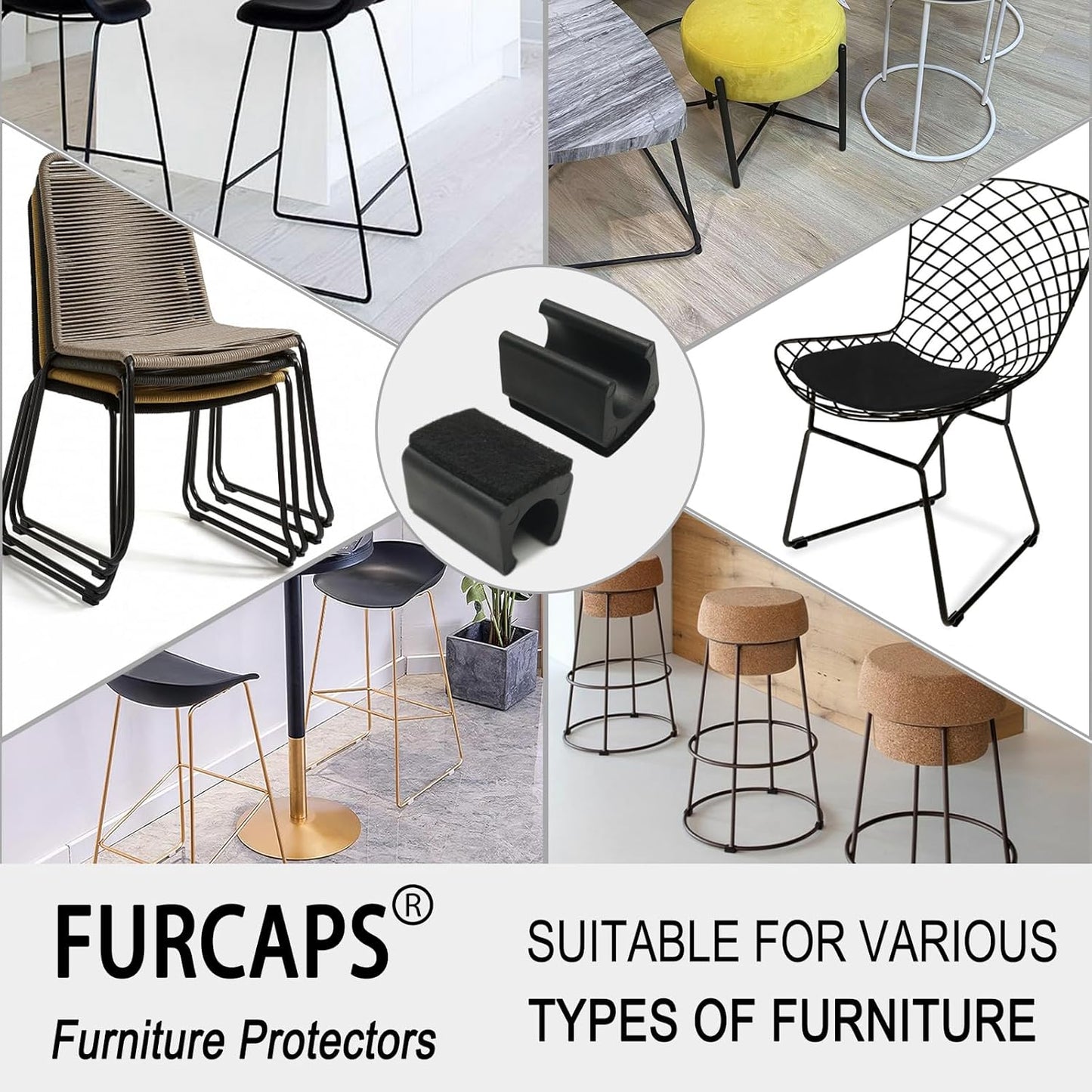 Rectangle U Shaped Chair Leg Tips Cap with Felt Pads,Furniture Feet Protectors Slide Smoothly Glides,Protect Hardwood Floor No Scratches No Noise,Fit 12mm(15/32inch) Diameter Tubular Legs (Black 8PCS)