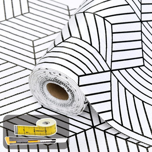Shelf Liners for Kitchen Cabinets Non Adhesive Shelf Liner Paper Non-Slip Thickened Drawer Liner Easy to Clean for Tool Box Refrigerator with Knife and Tape Measure, Black Geometric, 17.3 x 236.2 in
