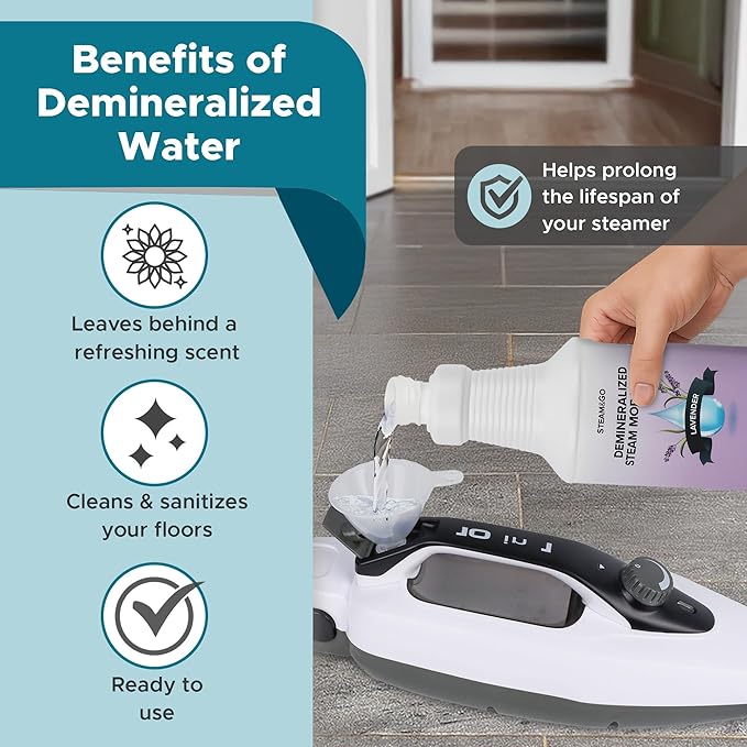 Steam & Go Demineralized Water for Steam Cleaner - PVC-Free Floor Cleaning Solution Compatible for All Steam Mops - Multi-Surface Cleaner for Home Surfaces - Lavender Scent, 32 oz (Pack of 18)