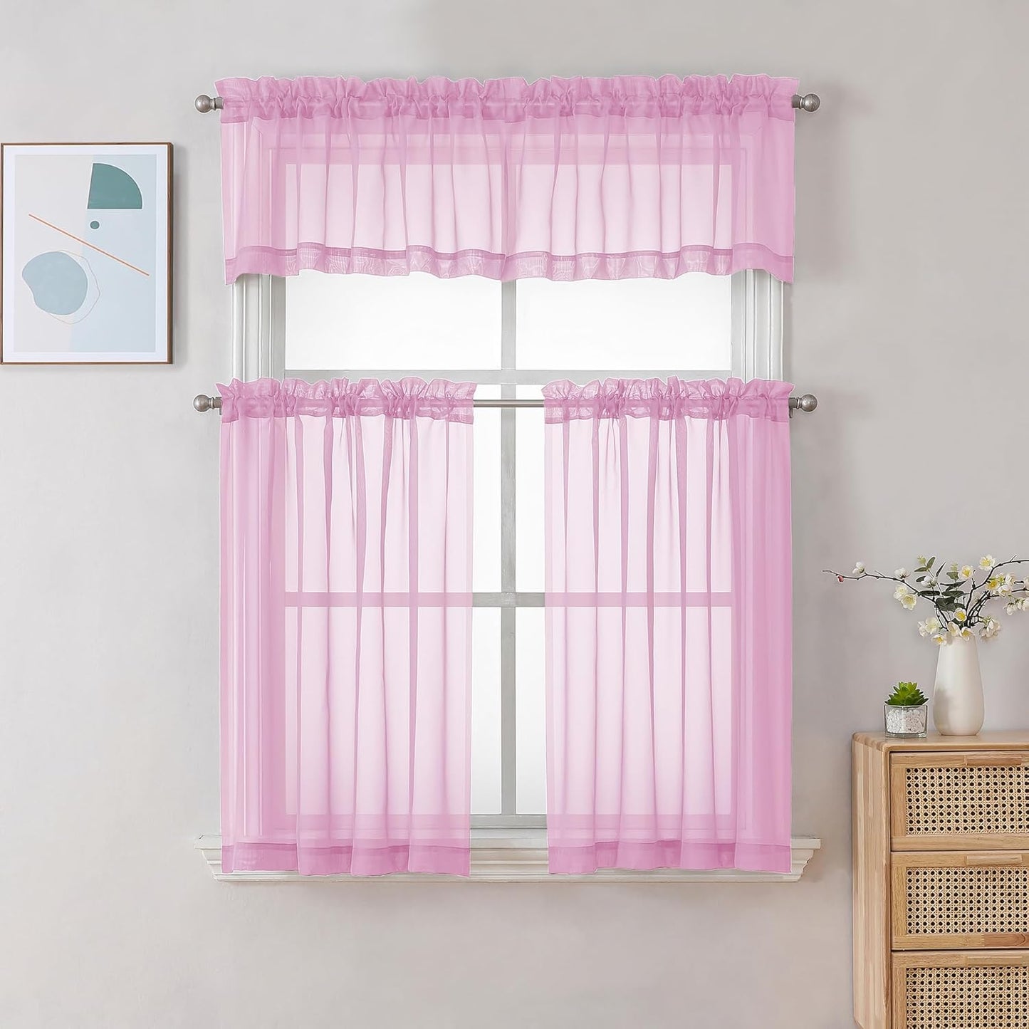 Chyhomenyc Sheer Pink Tier Curtains 24 Inch Length, Small Window Curtains Treatment for Bathroom Living Room Basement, Short Rod Pocket Cafe Curtain, 42W x 24L Inches, 2 Panels