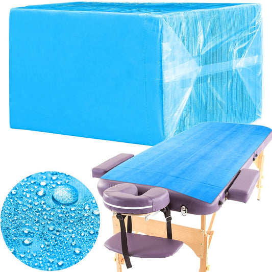 Breling 100 Pcs 31.5 x 71 Inch Disposable Bed Sheets Oil-proof PE Film Massage Table Sheets Non-woven Fabric Spa Waterproof Bed Cover Breathable for Beauty Salon Hotels Tattoo Waxing(Blue)