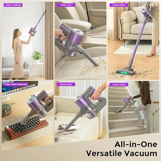 Vacuum Cleaners for Home,Cordless Vacuum Cleaner,Lightweight Stick Vacuum Cordless Rechargeable,Self-Standing Design,LED Touch Screen,Vacuum for Hardwood Floors,Carpet,Pet Hair(Deep Purple)