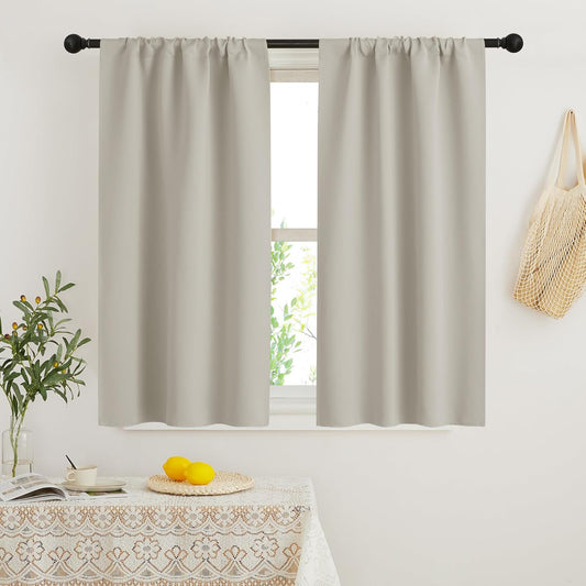 RYB HOME Kitchen Curtains Blackout - Thermal Insulating Small Window Curtains for Bathroom Basement Bedroom Cafe Classroom Light Block Drapes, W 34 x L 48 inches, Natural, 2 Panels