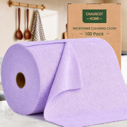 Microfiber Cleaning Cloth Roll - 100 Pack Tear Away Microfiber Paper Towels, Reusable, Washable, Scratch-Free, Kitchen Towels for Car, Home, Kitchen, Glass, Dishes (Light Purple)