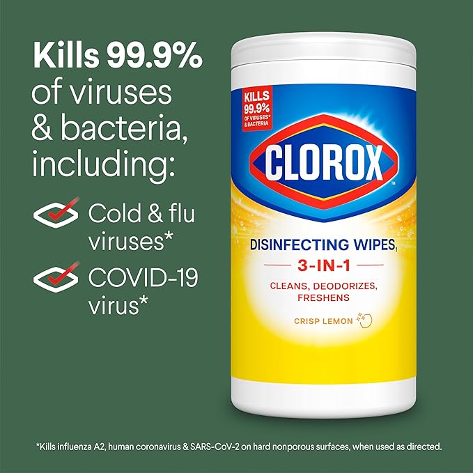 Clorox Disinfecting Cleaning Wipes, Bleach Free, Crisp Lemon, 75 Count, Pack of 6 (Pack May Vary)