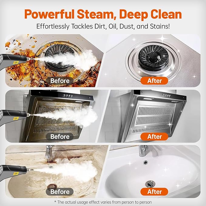 Pressurized Handheld Steam Cleaner, Portable Steamer for Cleaning with 1.2L Large Tank, 15s Fast Heat-Up, 6-Level Adjustable, Powerful Steam Cleaner for Home, Car, Kitchen, Tile, Grout(Black)