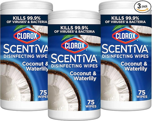 CLOROX Scentiva Disinfecting Wipes, Coconut and Waterlily, 75 Count (Package May Vary) (Pack of 3)