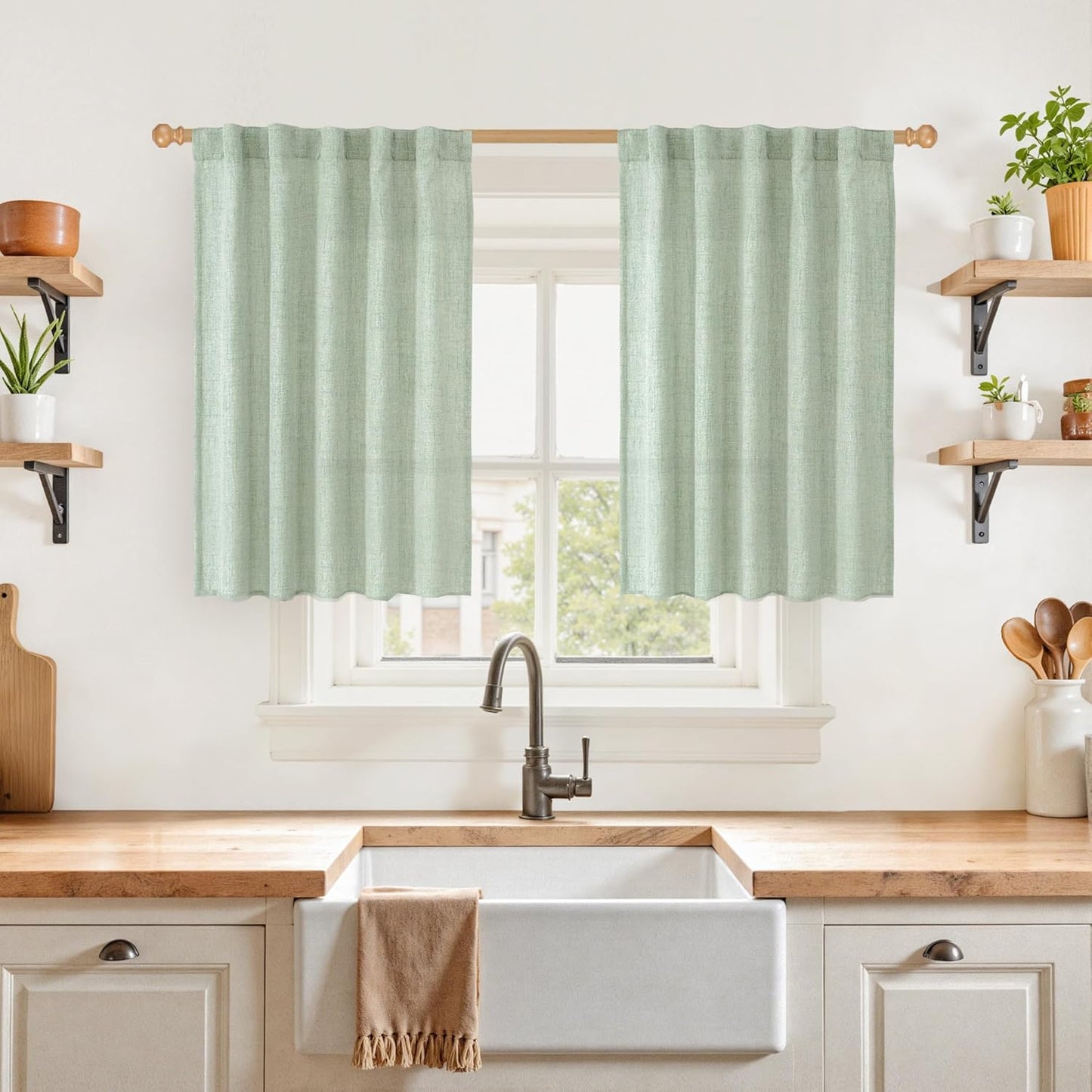 YoungsTex Sage Green Linen Cafe Curtains 36 Inch Length, Short Drapes Light Filtering with Rod Pocket Back Tab for Cafe Kitchen Windows Over Sink, 2 Panels, 42 X 36 Inch