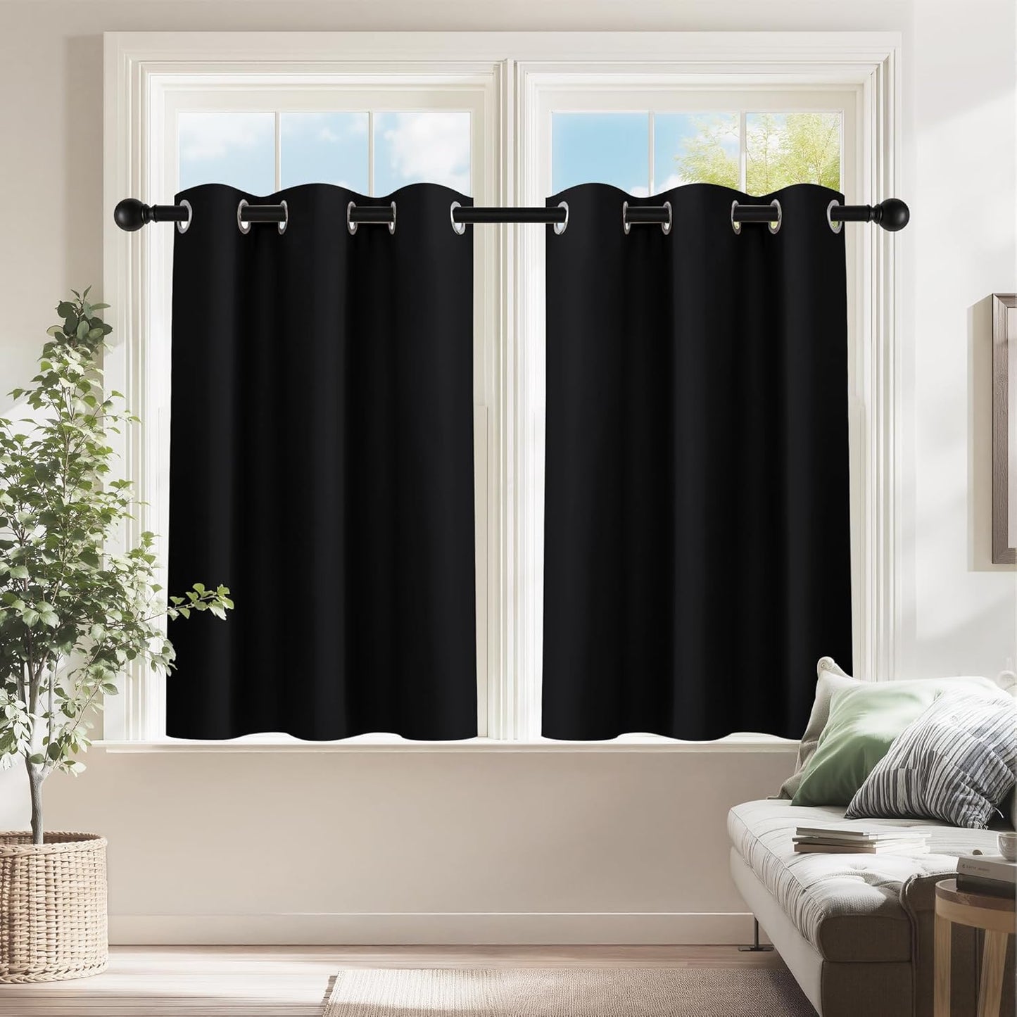 PONY DANCE Black Short Blackout Curtains for Kitchen, Small Windows Shades Thermal Insulated Privacy Drapes for Classroom Bathroom Laundry RV, Wide 34 x Long 36 inch, 2 Panels