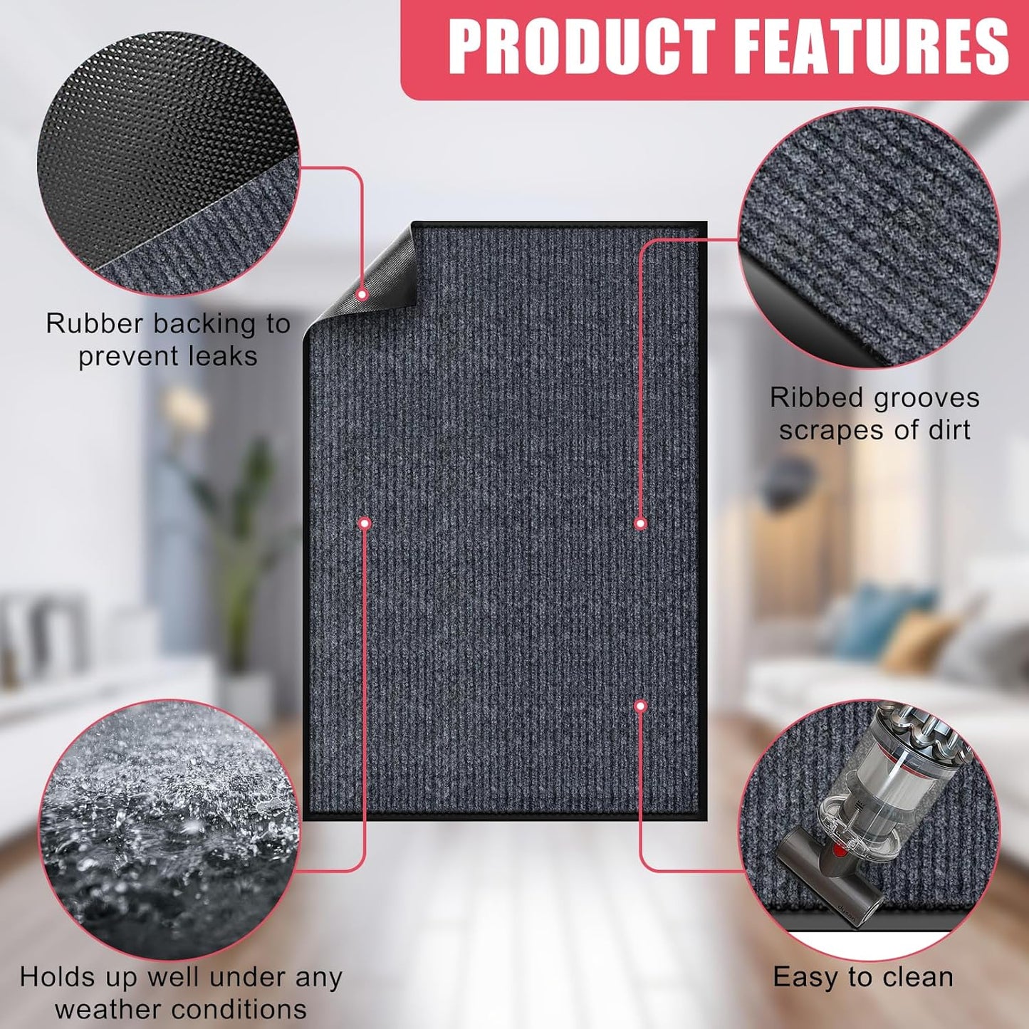 Kuyal Front Door Mat, 2'x4' Indoor Outdoor Entrance, Commercial Floor Inside Outside Entrance, Heavy Duty Durable Welcome Mat, Rubber Backing Non Slip Outdoor Rug for Entryway,Dark Gray