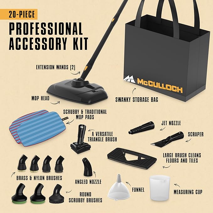 McCulloch Canister Steam Cleaner MC1375, 90 Minute Runtime, 20 Accessories, Jet Nozzle, Brushes, & More - Steam Cleaner for Home, Tile, Carpet, Furniture, & Personal Car Detailing