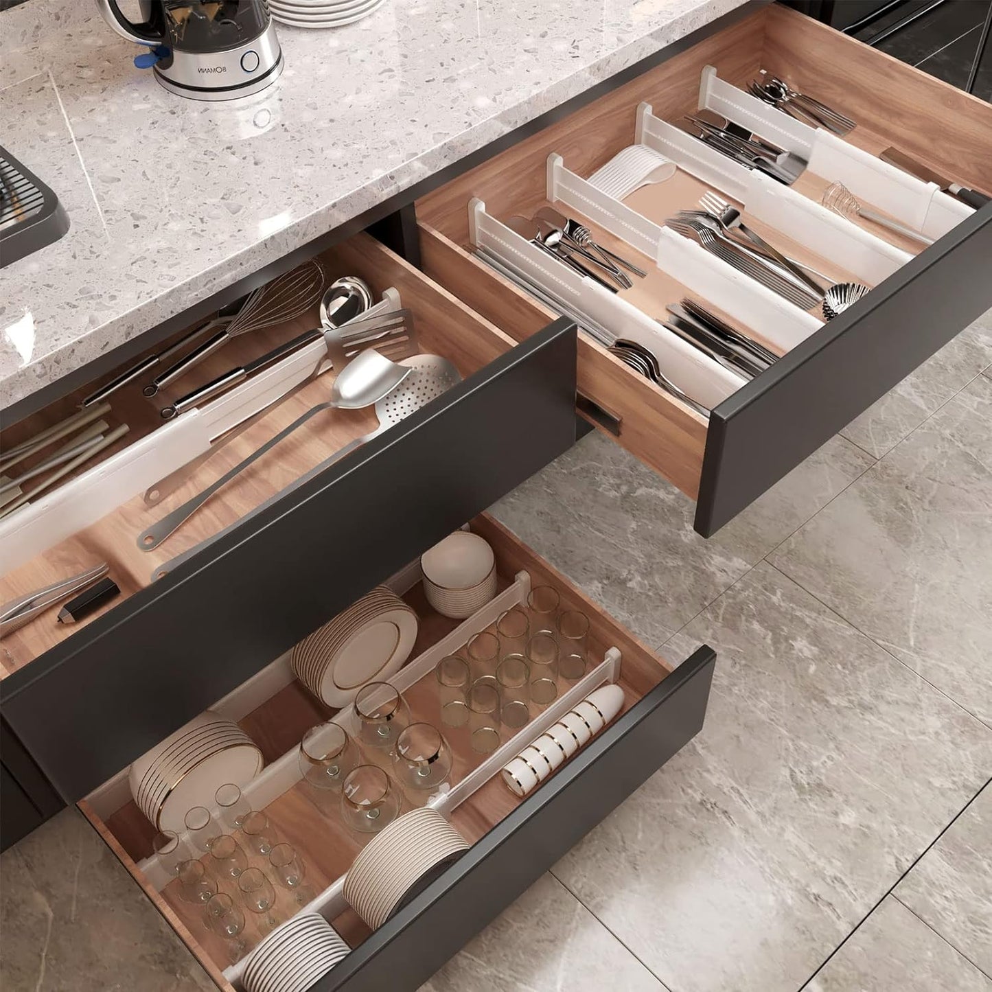 HiYZ Expandable Drawer Dividers, Large Kitchen Utensils Drawers Divider, 2.36" High Adjustable Drawer Organizers Separators for Clothing,Kitchen Utensils,Tools,12 Long Dividers(12.6"-22.8")