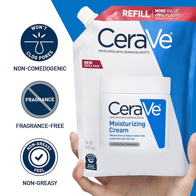 CeraVe Moisturizing Cream, Body and Face Moisturizer for Dry Skin, Body Cream with Hyaluronic Acid and Ceramides, Daily Moisturizer, Oil-Free, Fragrance Free, Non-Comedogenic, 16 Ounce Refill