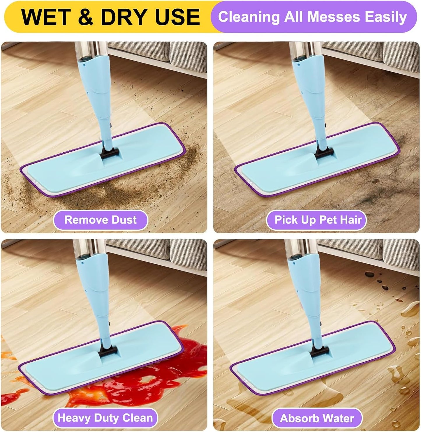 16.5 inch Reusable Mop Pads Microfiber Spray Mop Replacement Heads for Wet/Dry Mops Compatible with Bona Floor Care System (6 Pack)