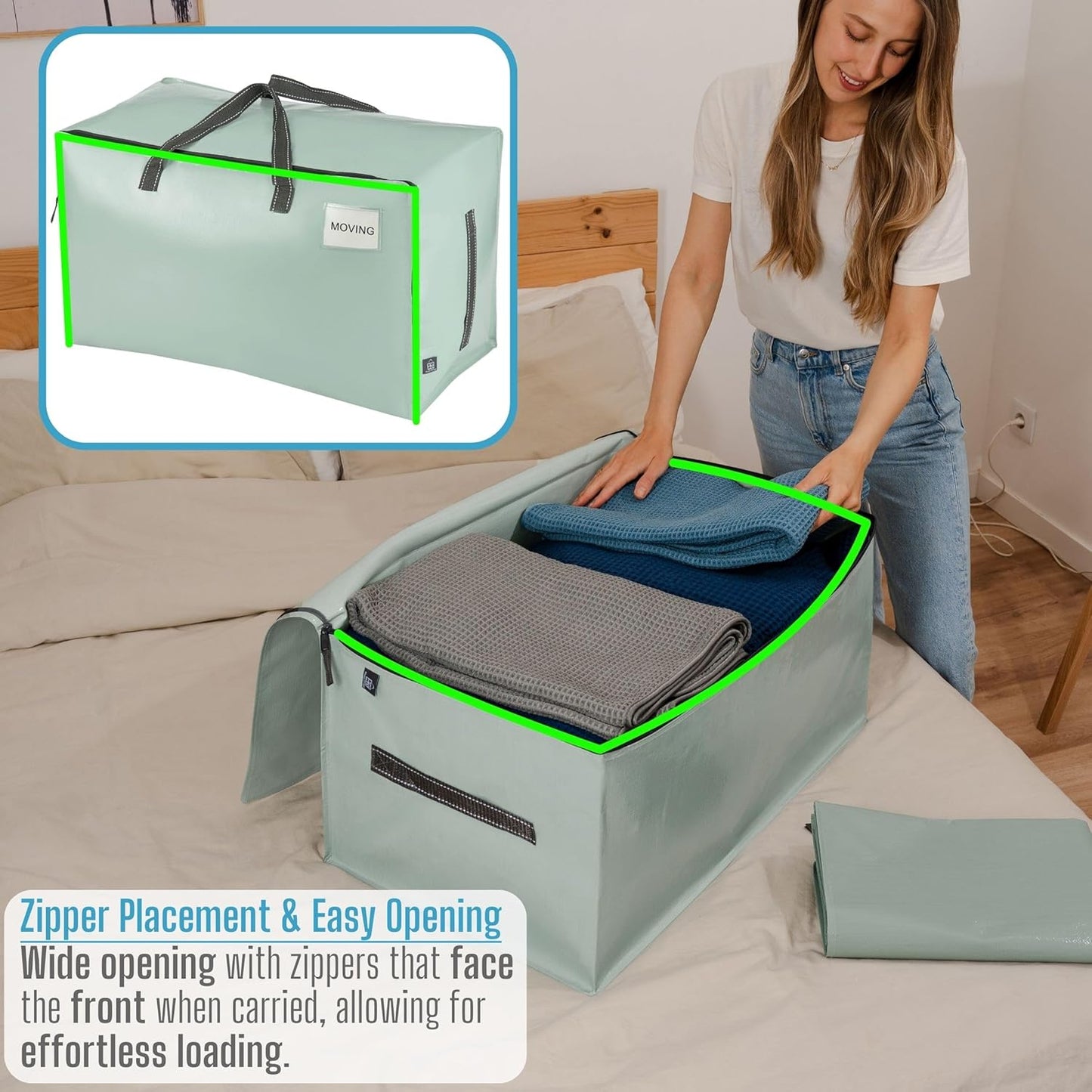 VENO 6 Pack Moving and Storage Bags, Heavy Duty, Alternative to Moving Boxes, Large Packing Totes Supplies for College Dorm Room with Zipper for Clothes, Wide Open Design (Shiny Light Green, 6 Pack)