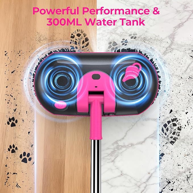 ScrubWiz Cordless Electric Spin Mop with Water Sprayer, 300ml Tank Self-Propelled Floor Cleaner for Hardwood & Tile, Quiet Cleaning, Adjustable Handle, 2500mAh Long-Lasting Battery, Pink