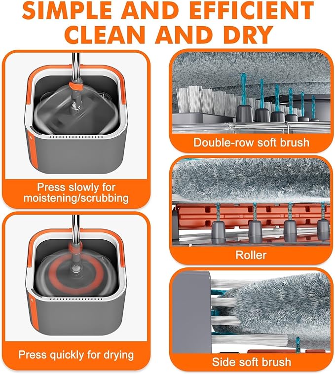 KZKR Upgraded Spin Mop and Bucket Set, Separate Clean and Dirty Water System, 360° Foldable Square Mop Head with Washable Microfiber Mops Pad, Detachable Bucket for Home Floor Cleaning