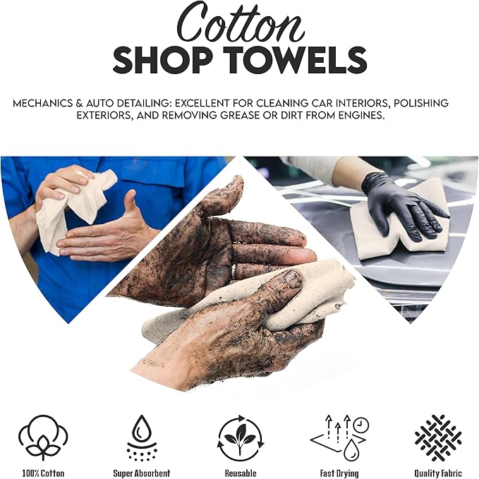 Cotton Shop Towel – Multipurpose Cleaning Cloths (14" x 12" - Pack of 150 - White) Reusable Shop Rags for Automobiles, Industrial, Restaurants, Garage, and Homes