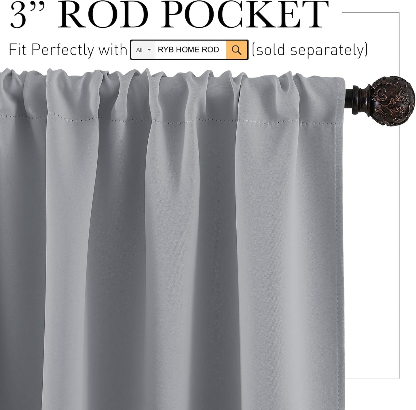 RYB HOME Blackout Curtains for Bedroom - Small Window Treatment Panels Full Privacy Thermal Insultaed Solar Drapes for Bathroom Dining Basement, Wide 42 x Long 45, Silver Grey, 2 Pcs