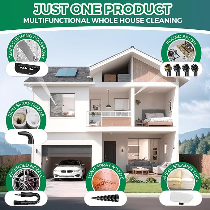 Upgraded 1050W Powerful Steam Cleaner, Pressurized Handheld Multi-Surface Natural Steamer with 12PCS Accessories & Safety Lock, 350ML Large Capacity for Home, Kitchen Instant Dissolves Grime & Grease