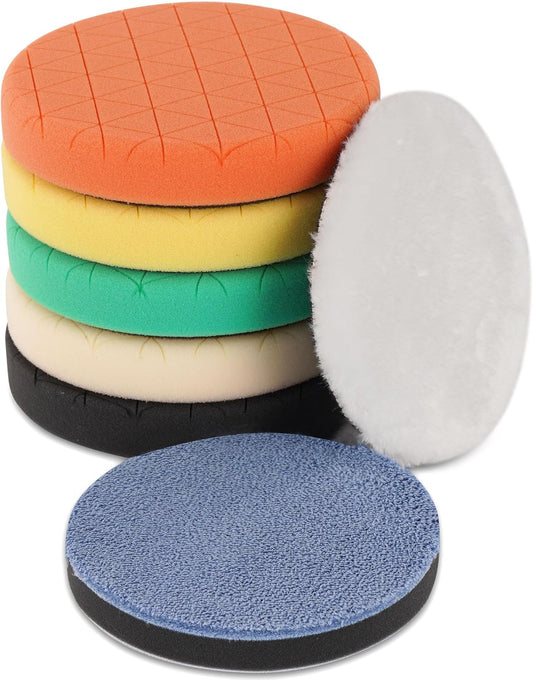 Buffing Polishing Pads, 7Pcs 5.5 Inch 140mm Face for 5Inch 125mm Backing Plate, Car Compound Buffing Sponge Pads and Woolen Pads Cutting Polishing Pad Kit for Car Polishing and Waxing