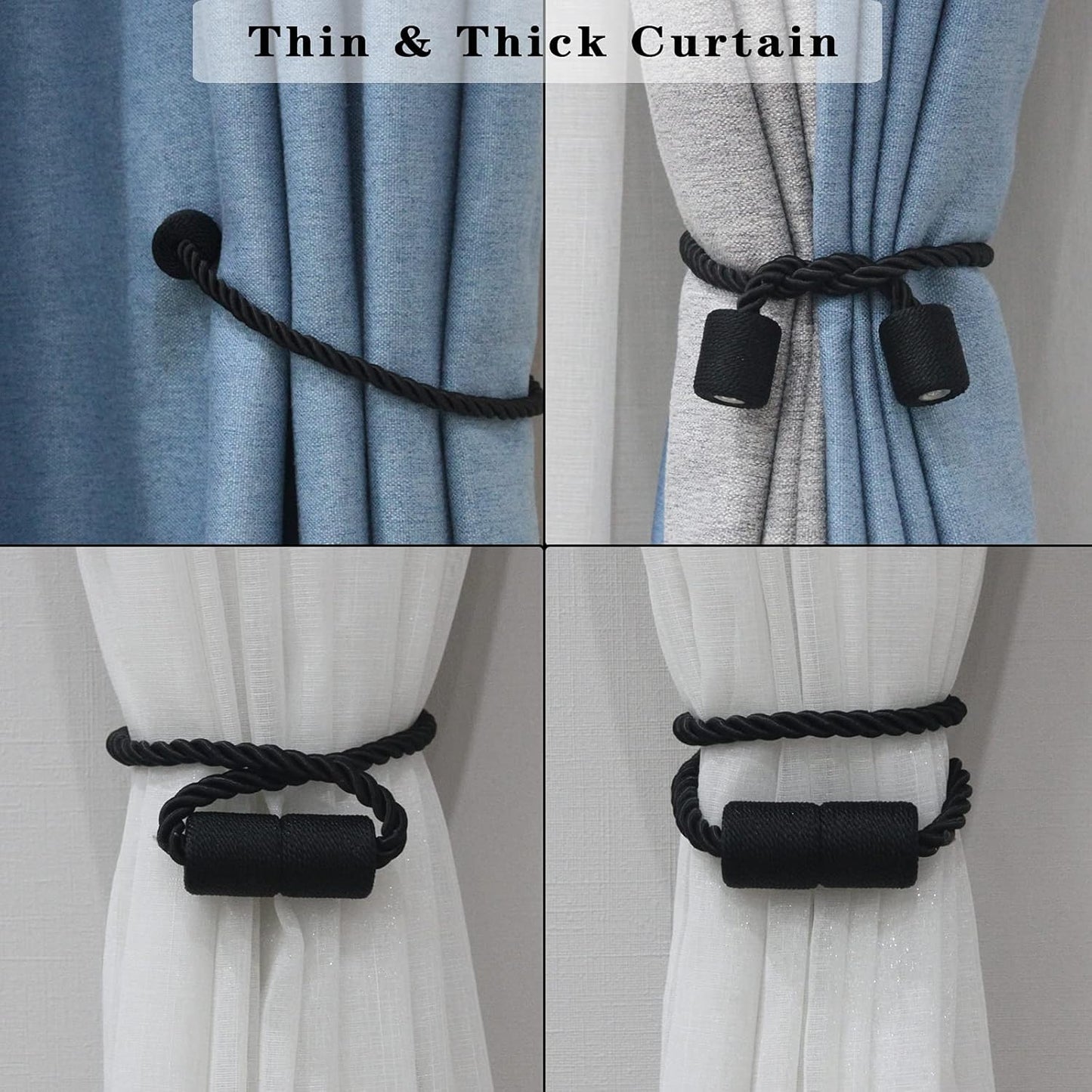 2 Pack Black Strong Magnetic Curtain Tiebacks Outdoor Elegant Decorative Tie Backs Modern Rope Tiebacks for Drapes Window Curtain Holdbacks for Draperies