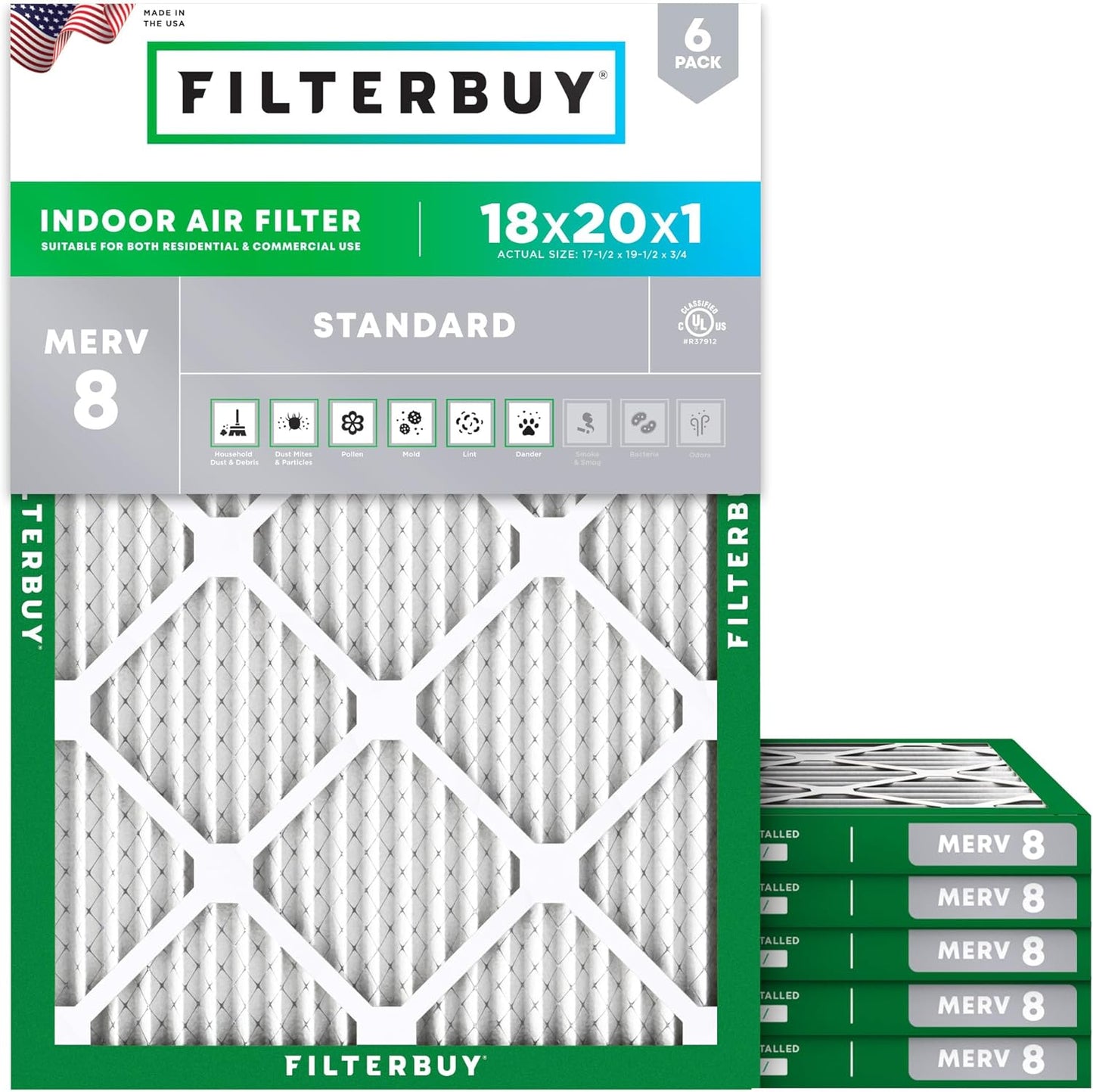 Filterbuy 18x20x1 Air Filter MERV 8 (MPR 700) Dust Defense Replacement (6-Pack), Electrostatic Pleated HVAC AC Furnace Filters, Made in USA (Actual Size: 17.50 x 19.50 x 0.75)