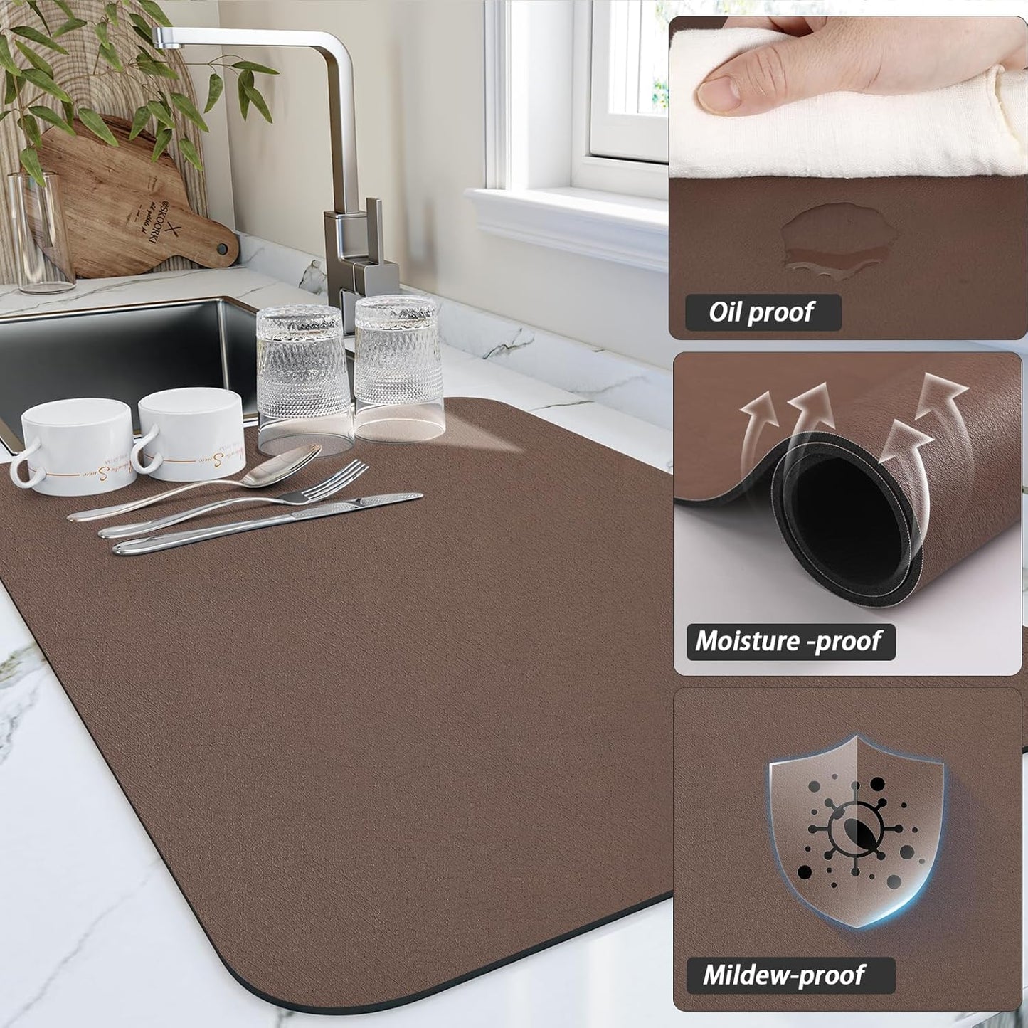 Dish Drying Mat for Kitchen Counter, Heat Resistant Drainer Mats with Non-slip Rubber Backed, Hide Stain Kitchen Super Absorbent Draining Mat, Easy to Clean Dish Rack Pad, Brown 16"x20"