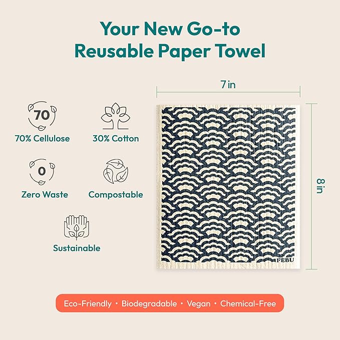FEBU Swedish Dishcloths for Kitchen | 5 Pack Faded Summer Reusable Paper Towels Washable | Swedish Dish Towels | Non-Scratch Cellulose Sponge Cloths | No Odor, Biodegradable Cleaning Cloths