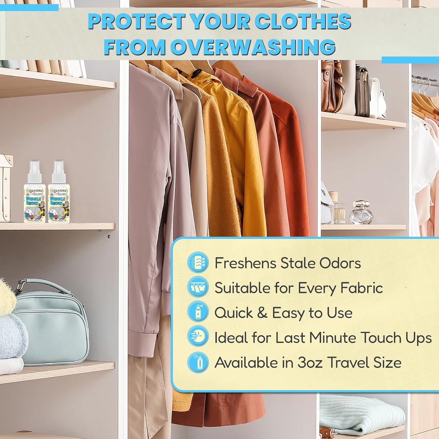 Grandma's Secret Wrinkle Remover Spray - Easily Removes Wrinkles & Odors - Wrinkle Release, Fabric Refresher Spray, Chlorine, Bleach and Toxin-Free - 3 Ounce